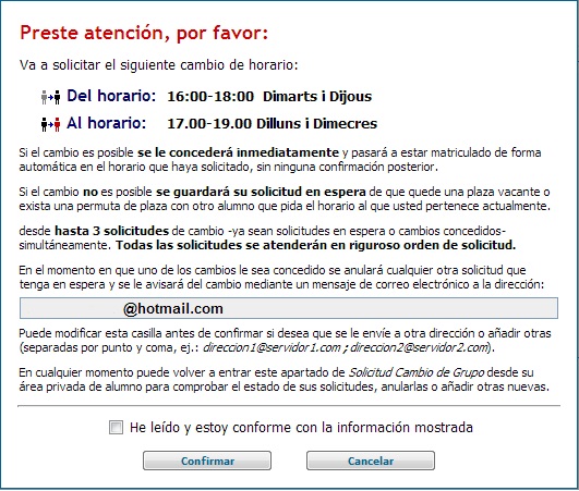 Pantalla 2 de Canvi de horari